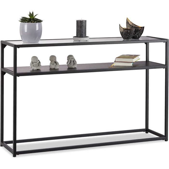 Relaxdays Konsolentisch, Glasplatte, Metallgestell, Ablage, 4 Beine, 70,5x110x30 cm, schwarz