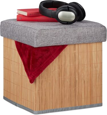 Relaxdays faltbarer Sitzhocker mit Stauraum, gepolstert, Bambus, 36x35x35 cm, Natur/Grau