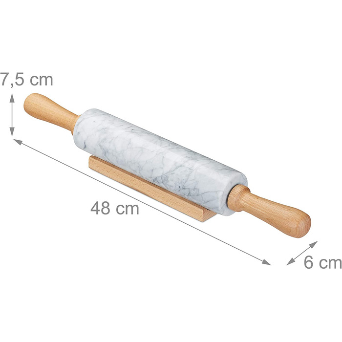 Relaxdays Nudelholz Marmor, Griffe aus Holz, Teigroller zum Kochen & Backen, mit Ablage, 48 cm, schwere Backrolle, weiß