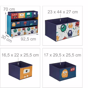 Relaxdays Kinderregal mit 9 Stoffboxen, Monster Design, HxBxT: 70 x 92,5 30 cm, Spielzeugregal fürs Kinderzimmer, bunt, Dunkelblau, Türkis, Orange