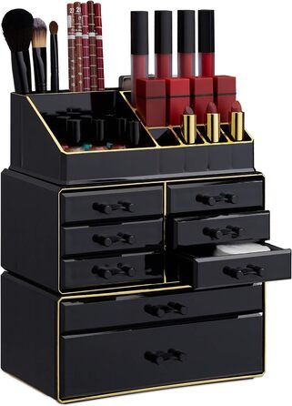 Relaxdays  x Make Up Organizer mit Schubladen, stapelbarer Schmuckkasten für Make Up, Acryl Schminkaufbewahrung,     Stück (1, Schwarz-gold, 1 Stück)
