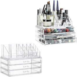 Relaxdays 2 x Make Up Organizer klein, 2-teilige Schminkaufbewahrung mit Schubladen, stapelbares Kosmetikregal, transparent