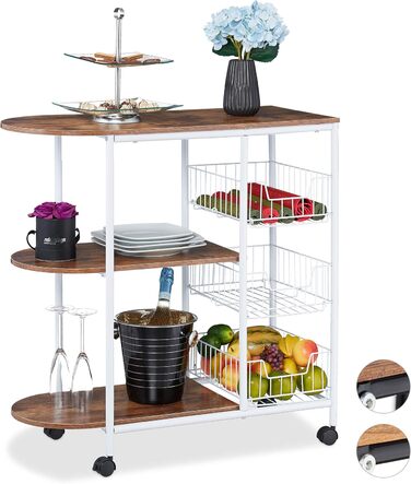 Relaxdays Servierwagen, Küchenwagen mit 3 Ablagen & Körben, Industrial, Metall & MDF, 84x83x37 cm, weiß/braun