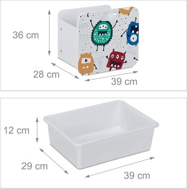 Relaxdays Kinderregal mit 6 Boxen, Monster-Design, 2 Kisten mit Rollen, HBT: 80,5x82,5x30 cm, Regal für Spielzeug, weiß, 10037512_0