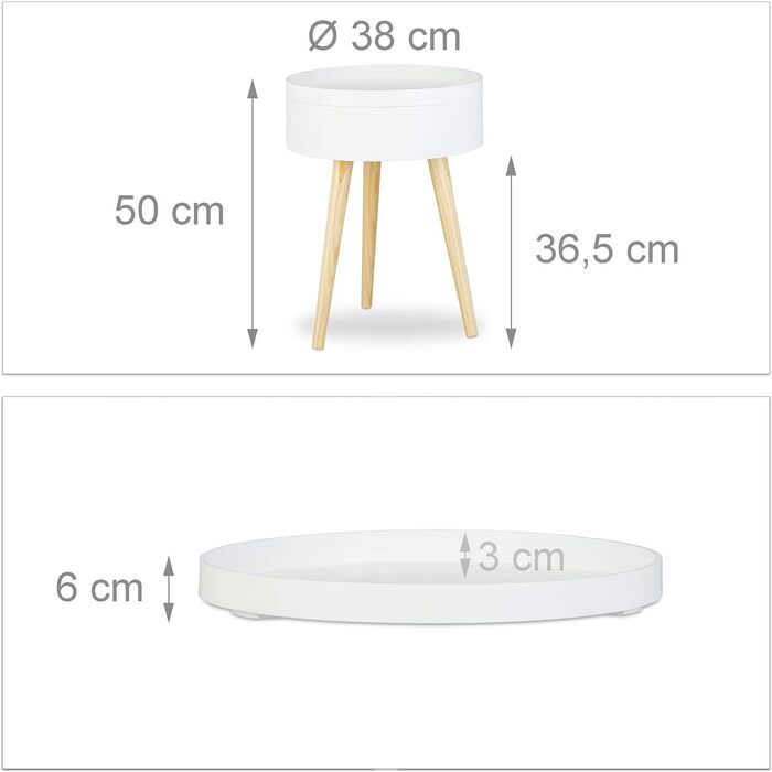 Relaxdays Beistelltisch rund skandinavisches Design, 70er, Nachttisch mit Tablett, Staufach, HxBxT: 50x38x38 cm, weiß Single