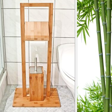Relaxdays WC Garnitur aus Bambus, HBT: 82 x 36 x 21 cm, Standgarnitur mit Toilettenbürste und Klorollenhalter, Toilettenpapierhalter, natur Single