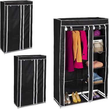 Relaxdays 3 x Stoffschrank, mit Kleiderstange & 5 Fächern, HBT: 174 x 107 x 42,5 cm, Stabiler Faltschrank mit Bezug, schwarz