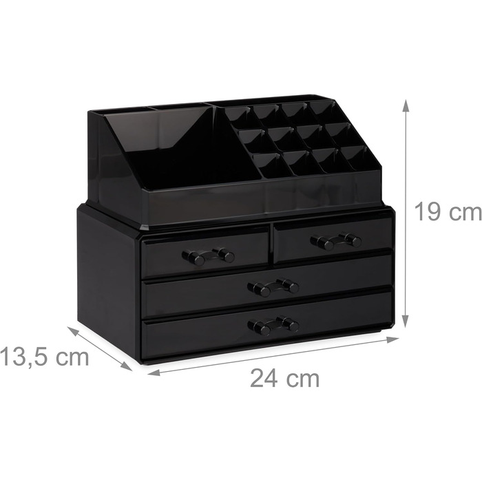 Relaxdays 1 x Make Up Organizer klein, 2-teilige Schmink Aufbewahrung Acryl, mit Lippenstifthalter und 4 Schubladen, schwarz 1 Schwarz 1 Stück