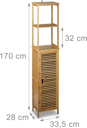 Relaxdays Badregal Bambus, 5 Ablagen, HxBxT: 170x33,5x28 cm, mit Schranktür, stehend, natur