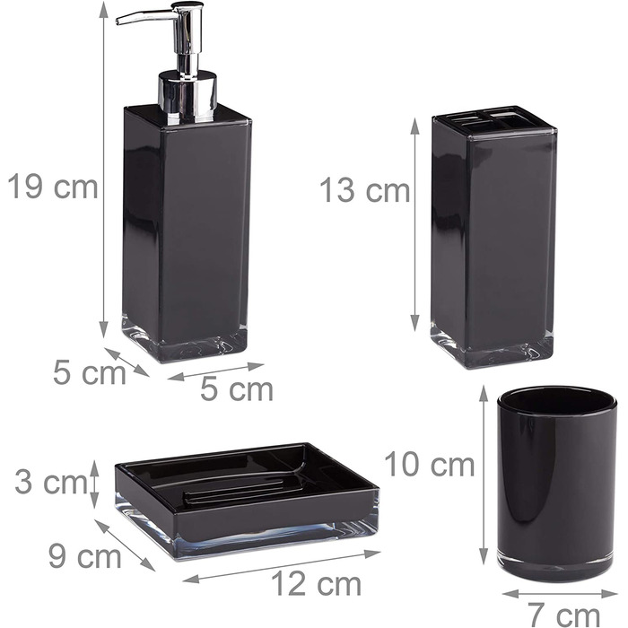 Relaxdays Badaccessoires Set 4-teilig, modern, Zahnputzbecher, Zahnbürstenhalter, Seifenspender, Seifenschale, schwarz, 9 x 12 x 19.5 cm