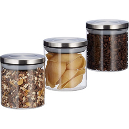 Relaxdays Vorratsglas 3er Set, 380 ml, luftdicht, Edelstahl Deckel, für Gewürze, Reis & Tee