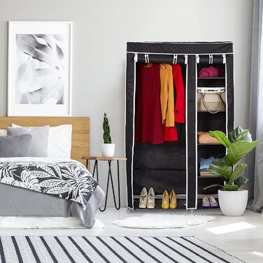 Relaxdays 1 x Stoffschrank, mit Kleiderstange & 5 Fächern, HBT: 174 x 107 x 42,5 cm, Stabiler Faltschrank mit Bezug, schwarz