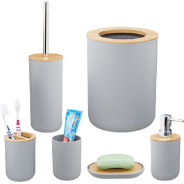 Relaxdays Badezimmer Set, 6-teilig, Badaccessoires Kunststoff, Bambus, komplette Badezimmerausstattung, Badset, grau