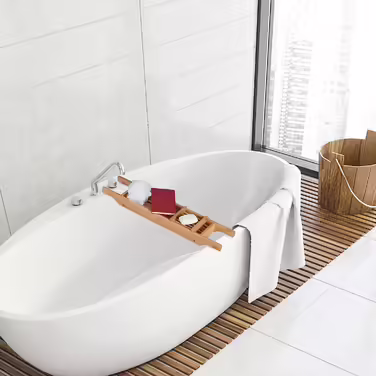 Relaxdays Badewannenablage Bambus, 69 cm breit, ausklappbare Füße, Badewannenbrett mit Seifenablage, Wannenablage, Natur