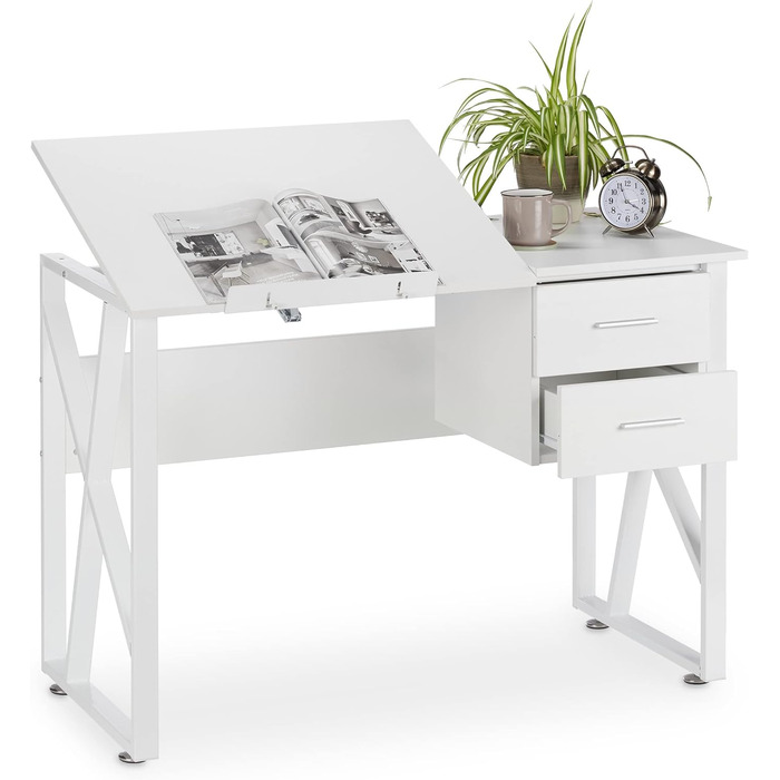 Relaxdays Schreibtisch neigbar, verstellbare Arbeitsfläche, Laptoptisch oder Zeichentisch, HBT 75x110x55cm, weiß
