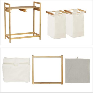 Relaxdays Wäschekorb Bambus, Wäschesortierer mit Ablage, 2 Fächer, ausziehbar, tragbarer Wäschebehälter, 60 Liter, Natur, 1 S