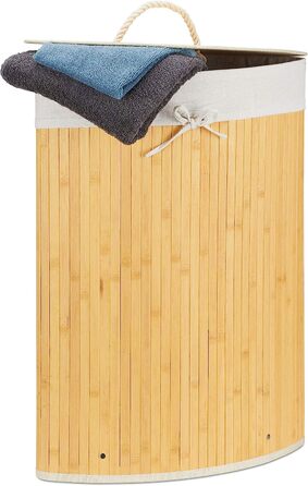 Relaxdays Eckwäschekorb, faltbar, 60 l, Baumwolle, HBT 65x49,5x37 cm, Creme, Bambus, abnehmbarer Deckel