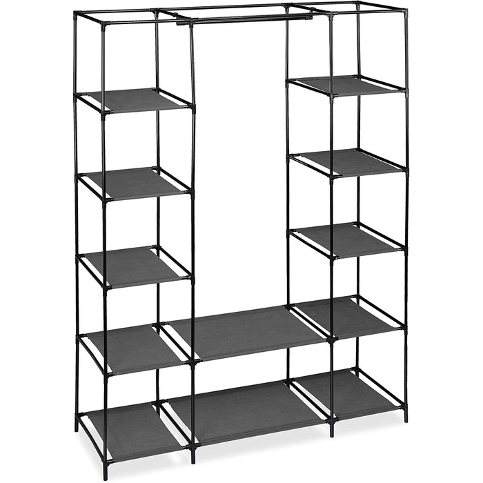Relaxdays Stoffschrank mit Kleiderstange & 12 Ablagen, HBT: 175x135x45cm, Kleiderschrank mit Reißverschluss, anthrazit