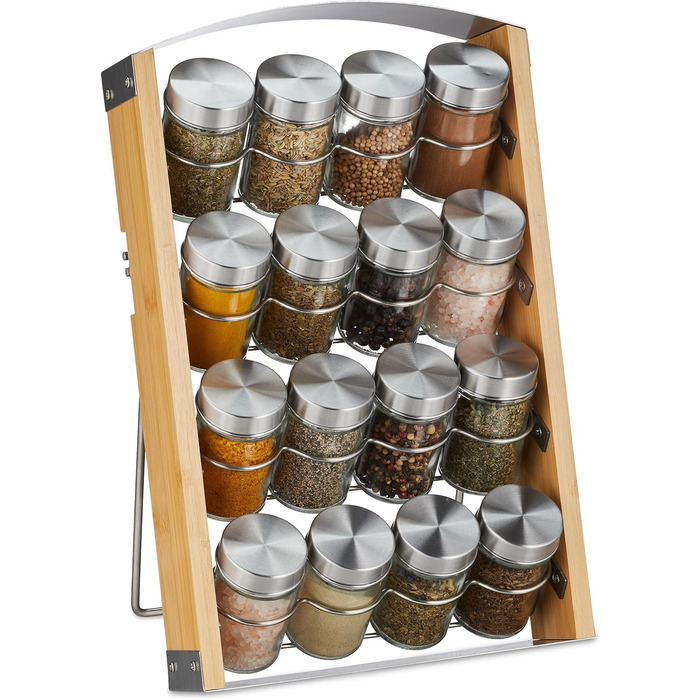 Relaxdays Gewürzständer inkl. 16 Gewürzdosen, 80 ml, Bambus Gewürzregal, HBT: 37x23,5x18 cm, Natur/Silber