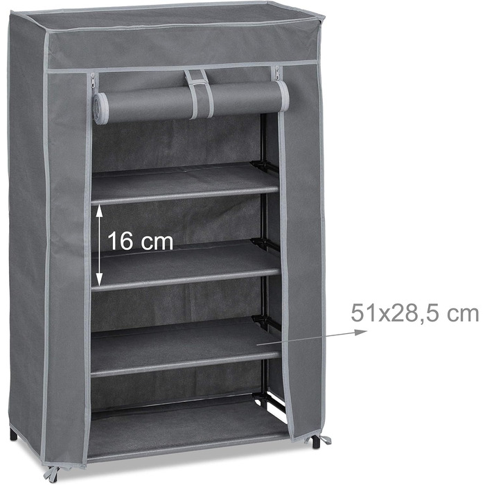 Relaxdays Schuhschrank Stoff, 5 Fächer, 15 Paar Schuhe, Abnehmbarer Bezug, Schuhregal, HxBxT: 90 x 60 x 30 cm, anthrazit