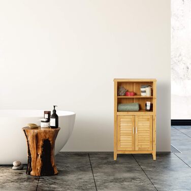 Relaxdays Badezimmerschrank Bambus, HBT: 92x50x25 cm, Badschrank mit Lamellentüren, natur, 1 Stück