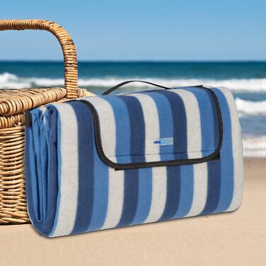 Relaxdays XXL Picknickdecke, 200 x 200 cm, Fleece Stranddecke, wärmeisoliert, wasserdicht, mit Tragegriff, blau/weiß