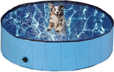 Relaxdays Hundepool, H x D: 30 x 120 cm, faltbar, mit Ablassventil, Hundeplanschbecken zur Abkühlung, PVC & MDF, blau