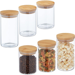 Relaxdays Vorratsgläser, 6er Set, 650 ml, 800 ml & 1 l, luftdicht, transparent/natur