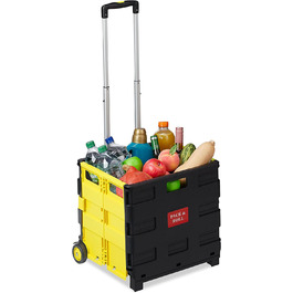 Relaxdays Einkaufstrolley klappbar, Teleskop-Griff, 2 Gummi Rollen, bis 35 kg, Shopping Trolley, Aluminium, ABS, gelb