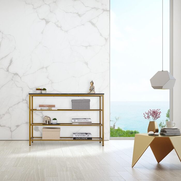 Relaxdays Konsolentisch, Marmoroptik, 70x101x30 cm, Metall & MDF, 4 Ablagen, Gold/weiß