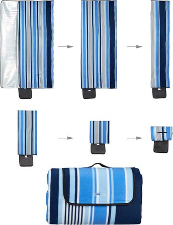 Relaxdays XXL Picknickdecke, 200x300 cm, wasserdichte Unterseite, Tragegriff, Fleece Isolierdecke, gestreift, blau-weiß