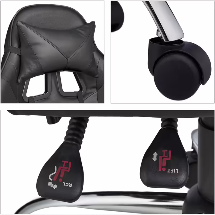Relaxdays Gaming Stuhl, Racing Look, drehbar, höhenverstellbar, Kopf-& Lendenkissen, HxBxT: 133x68x60 cm, (Schwarz)