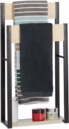 Relaxdays Handtuchhalter stehend, U-Design, 2 Ablagen, HxBxT: 86x45x19 cm, Holz + Stahl, natur