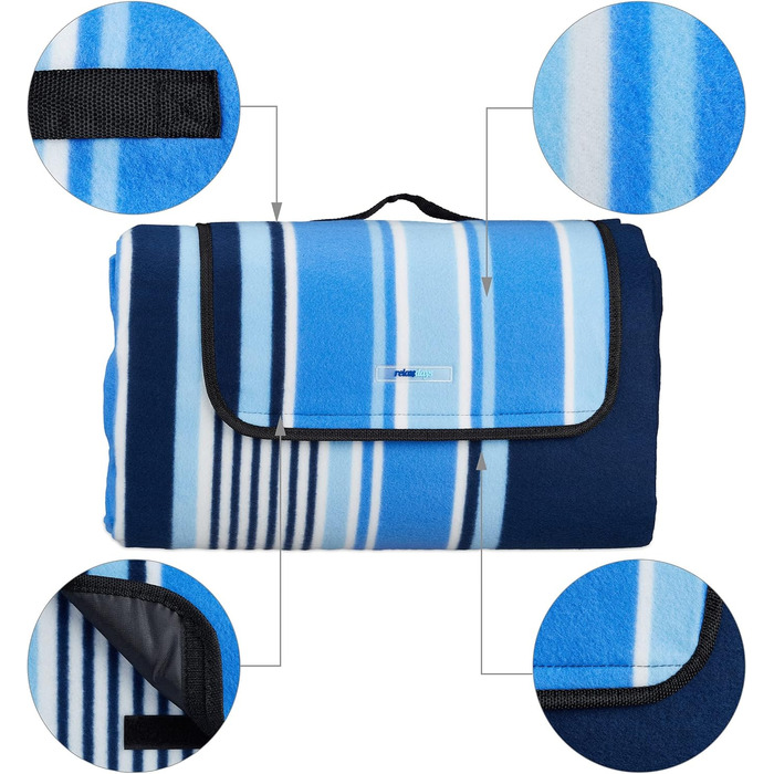 Relaxdays XXL Picknickdecke, 200x300 cm, wasserdichte Unterseite, Tragegriff, Fleece Isolierdecke, gestreift, blau-weiß