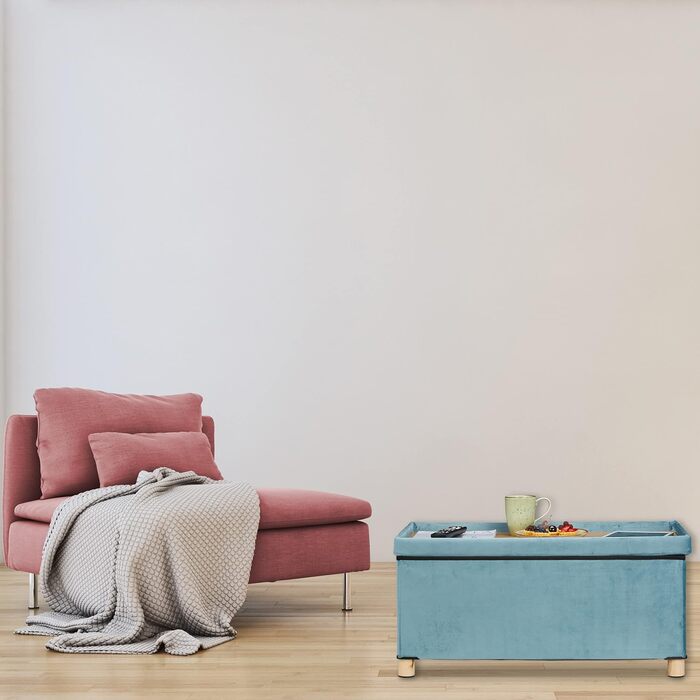 Relaxdays Sitzbank mit Stauraum, Samt, Holzfüße, bis 120 kg, faltbar, 34x76x38 cm, Türkis