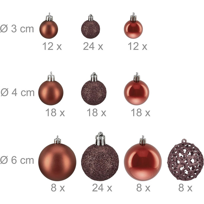 Relaxdays Weihnachtskugeln 150er Set, glitzernd/matt/glänzend, Kunststoff, ∅ 3/4/6 cm, Braun