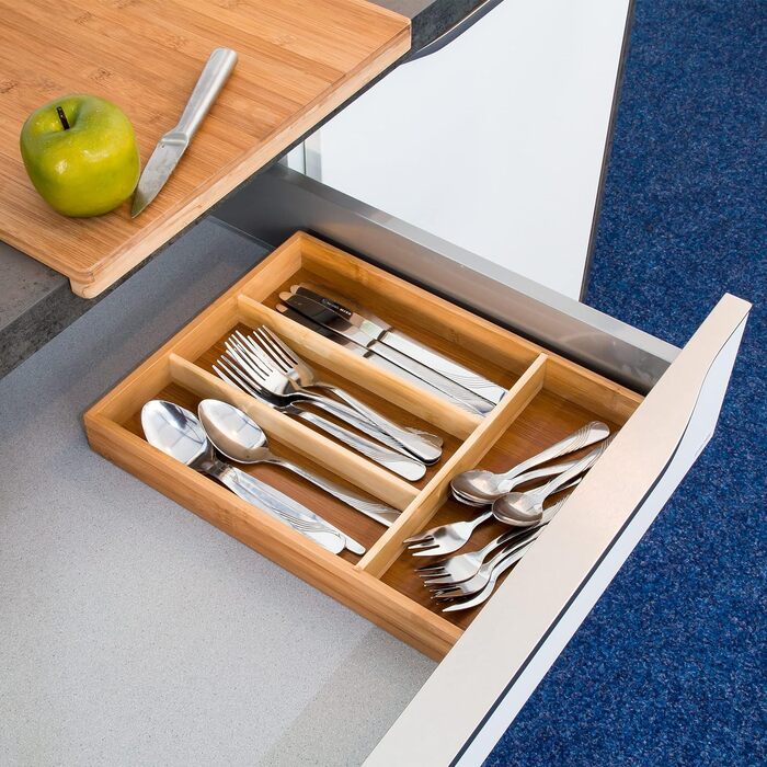 Relaxdays Bambus Besteckkasten 4x25x34cm - 4 Fächer, Küchenorganizer