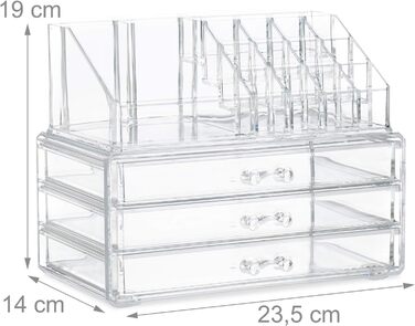 Relaxdays  x Make Up Organizer klein, 2-teilige Schminkaufbewahrung mit 3 Schubladen, stapelbares Kosmetikregal,    9 x 23.5 x 4 cm (1, Transparent, 19 x 23.5 x 14 cm)