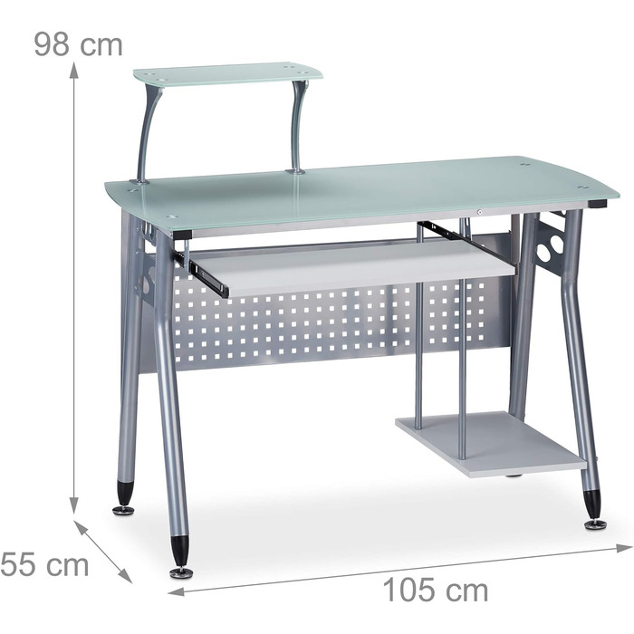 Relaxdays Computertisch, Glas, Tastaturauszug, Rechnerfach, 98x105x55 cm, modern, weiß, PB, Metall