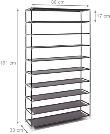 Relaxdays Schuhschrank Valentin, 161x88x30 cm, 10 Ablagen, Stoffbezug, staubfreie Lagerung, 45 Paar Schuhe, Schwarz