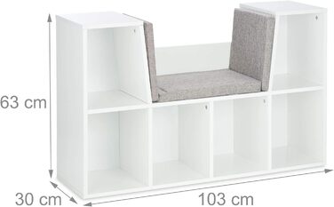 Relaxdays Bücherregal mit Sitzkissen, Kinderregal mit 6 Fächern, 63x103x30 cm, gepolstert, Sitzbank Kinderzimmer, weiß