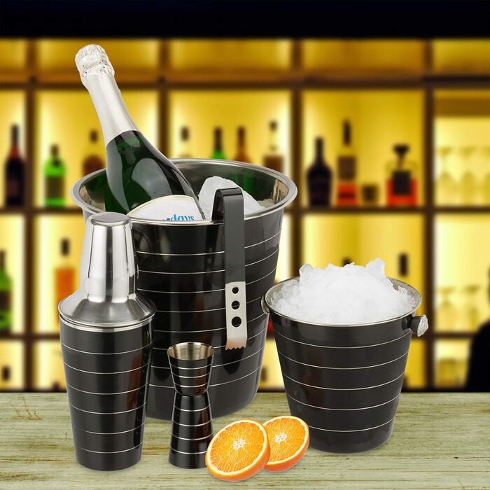 Relaxdays Cocktailset, 5-teilig: Shaker 500 ml, Eiseimer, Zange, Flaschenkühler, Barmaß, schwarz