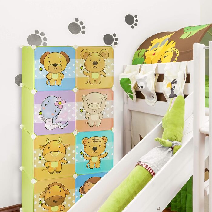 Relaxdays Kinderregal mit Tiermotiv, Kunststoff Steckregal m. Türen, Kinderzimmer Kleiderschrank m. Kleiderstange, bunt, 37 x 74 x 145 cm