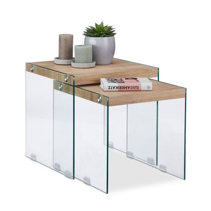Relaxdays Satztisch 2er Set Holz+Glas