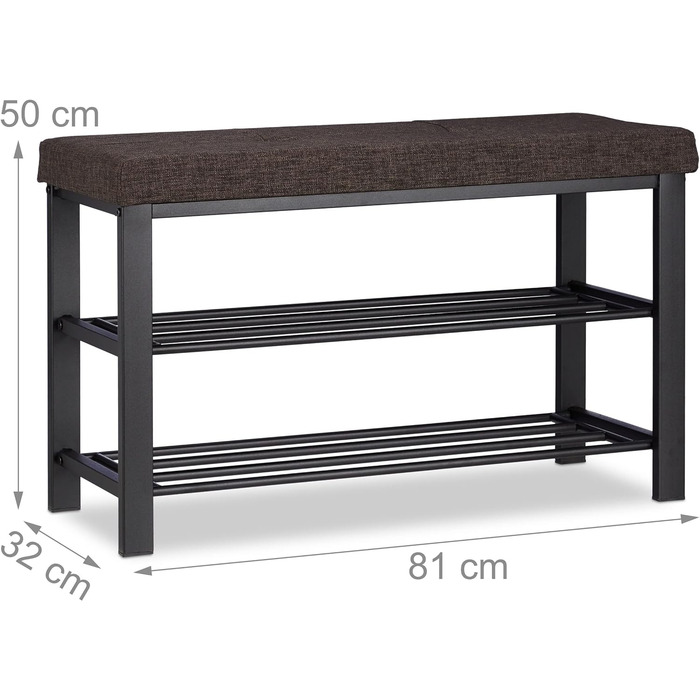 Relaxdays Schuhbank, Sitzpolster, offen, 2 Ebenen, Metall, HBT: 50x81x32cm, braun