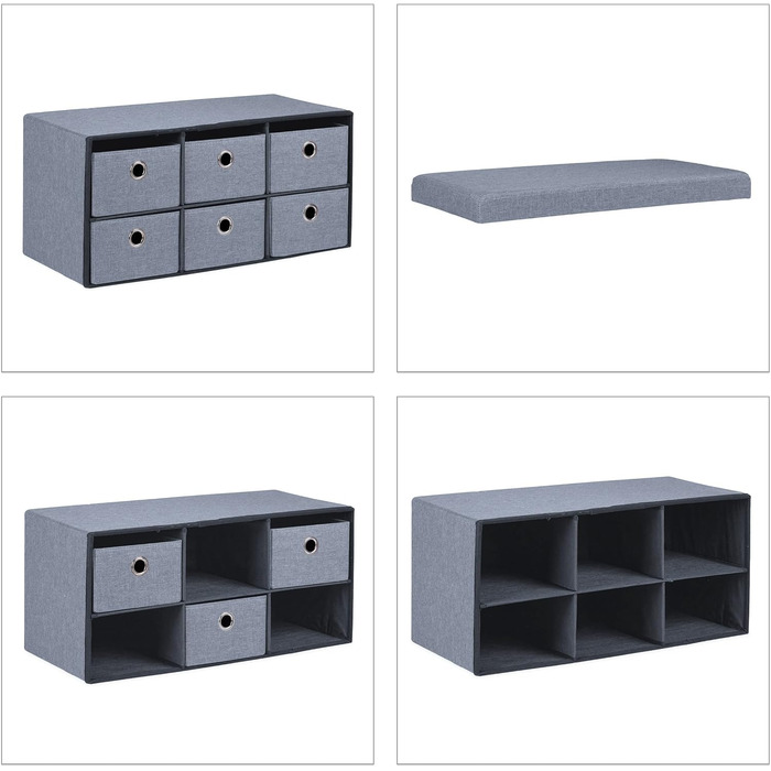 Relaxdays Sitzbank mit Stauraum, 6 Schubladen, Sitzpolster, faltbar, 39x76x38 cm, grau