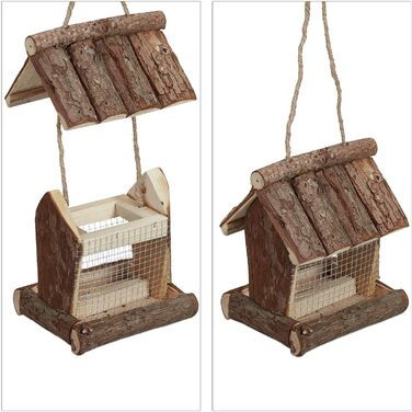 Relaxdays Vogelfutterhaus, Holz, HBT: 17x15x12 cm, mit Silo, Vogelfutterspender, Natur (60 Zeichen)