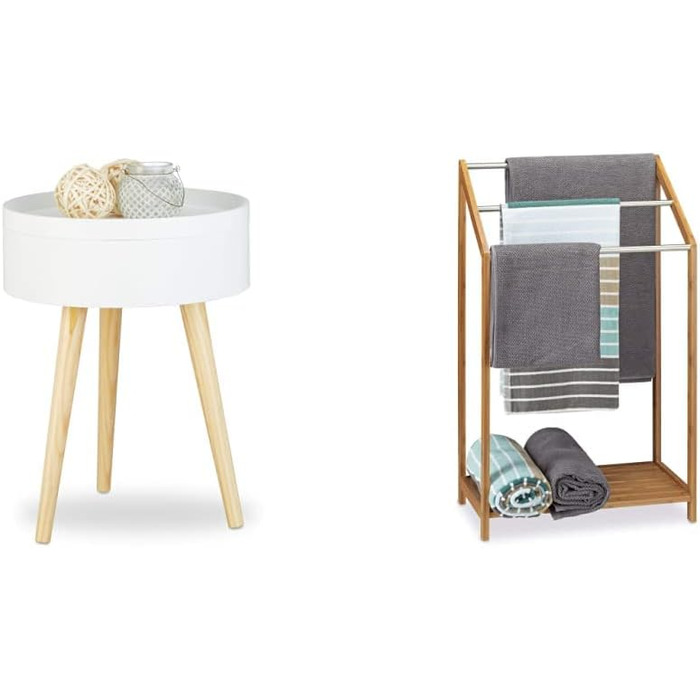 Relaxdays Beistelltisch rund skandinavisches Design, 70er, Nachttisch mit Tablett, Staufach, HxBxT: 50x38x38 cm, weiß  (Bundle mit Handtuchhalter)