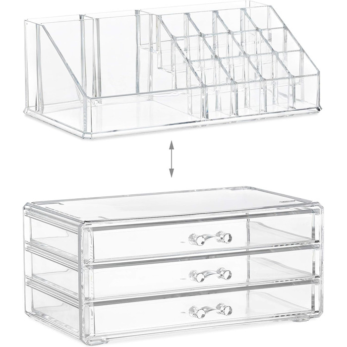 Relaxdays Make Up Organizer klein, 2-teilige Schminkaufbewahrung mit Schubladen, stapelbares Kosmetikregal,  1 Stück (Transparent)
