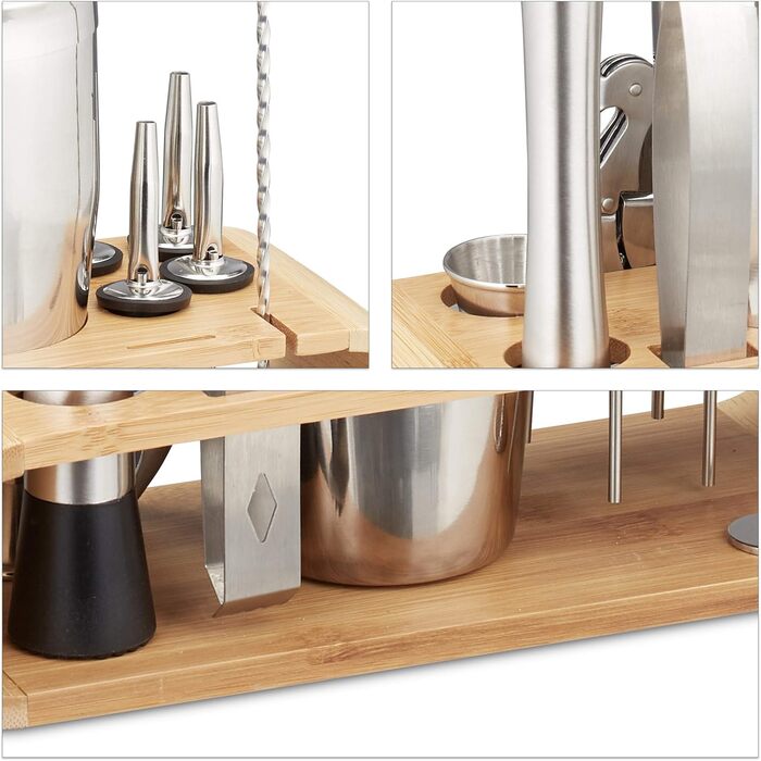 Relaxdays 11-tlg. Profi Cocktail Set: Ständer, Shaker, Barmaß, Ausgießer, Eiszange, Edelstahl, silber/natur